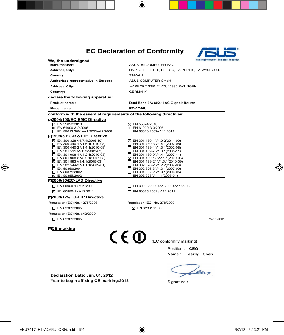 Ec declaration of conformity | Asus RT-AC66U User Manual | Page 194 / 194