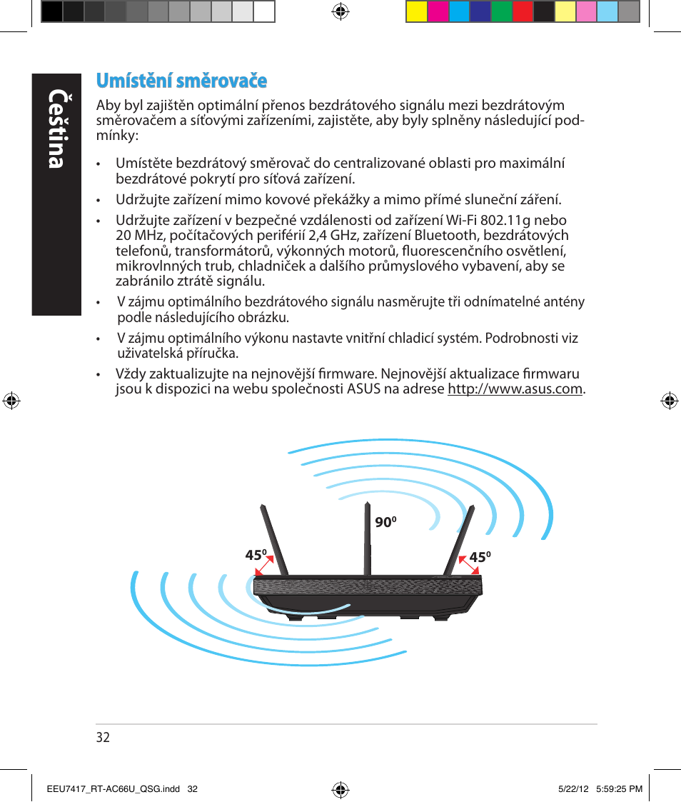 Čeština, Umístění směrovače | Asus RT-AC66U User Manual | Page 32 / 194