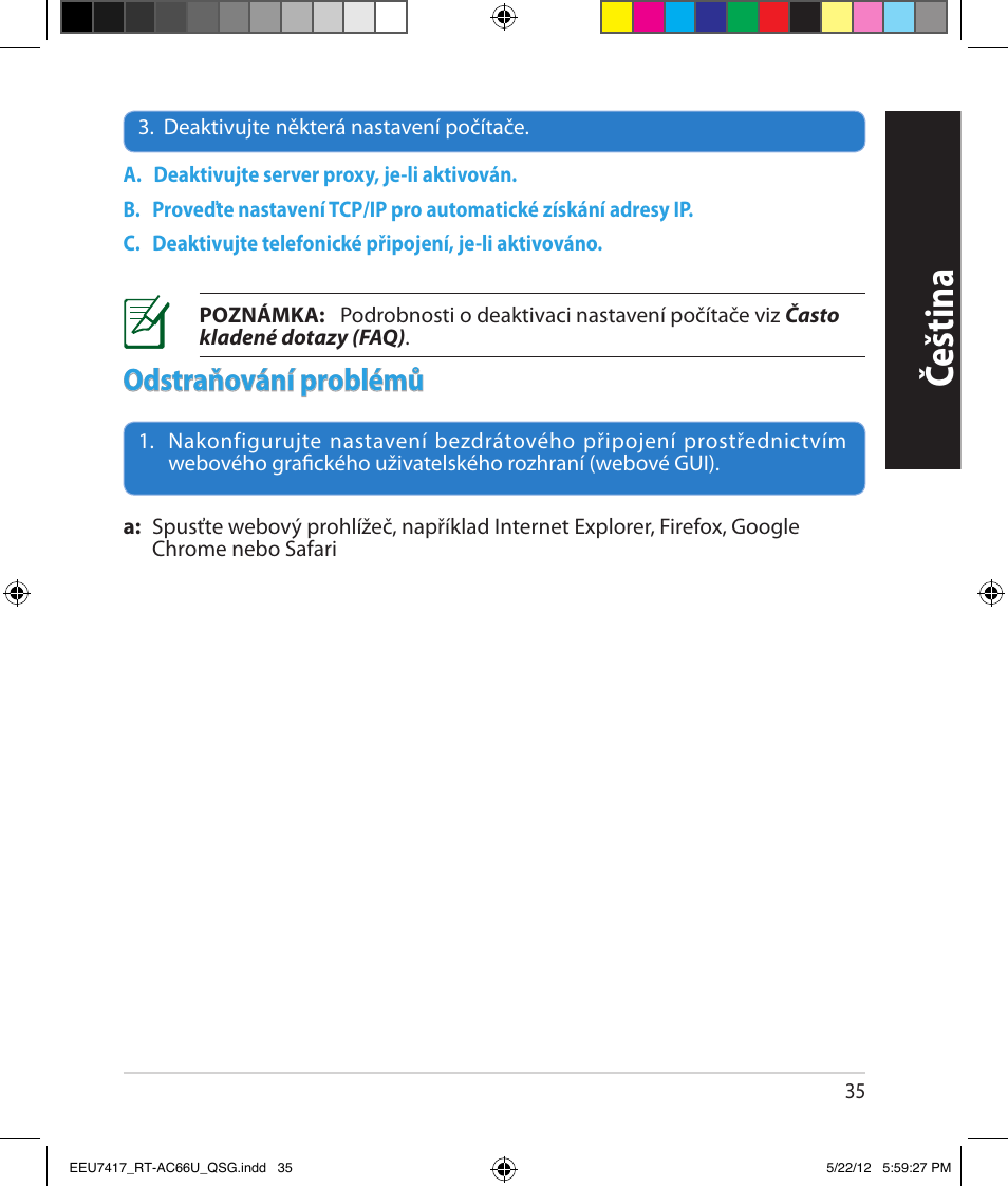 Čeština, Odstraňování problémů | Asus RT-AC66U User Manual | Page 35 / 194