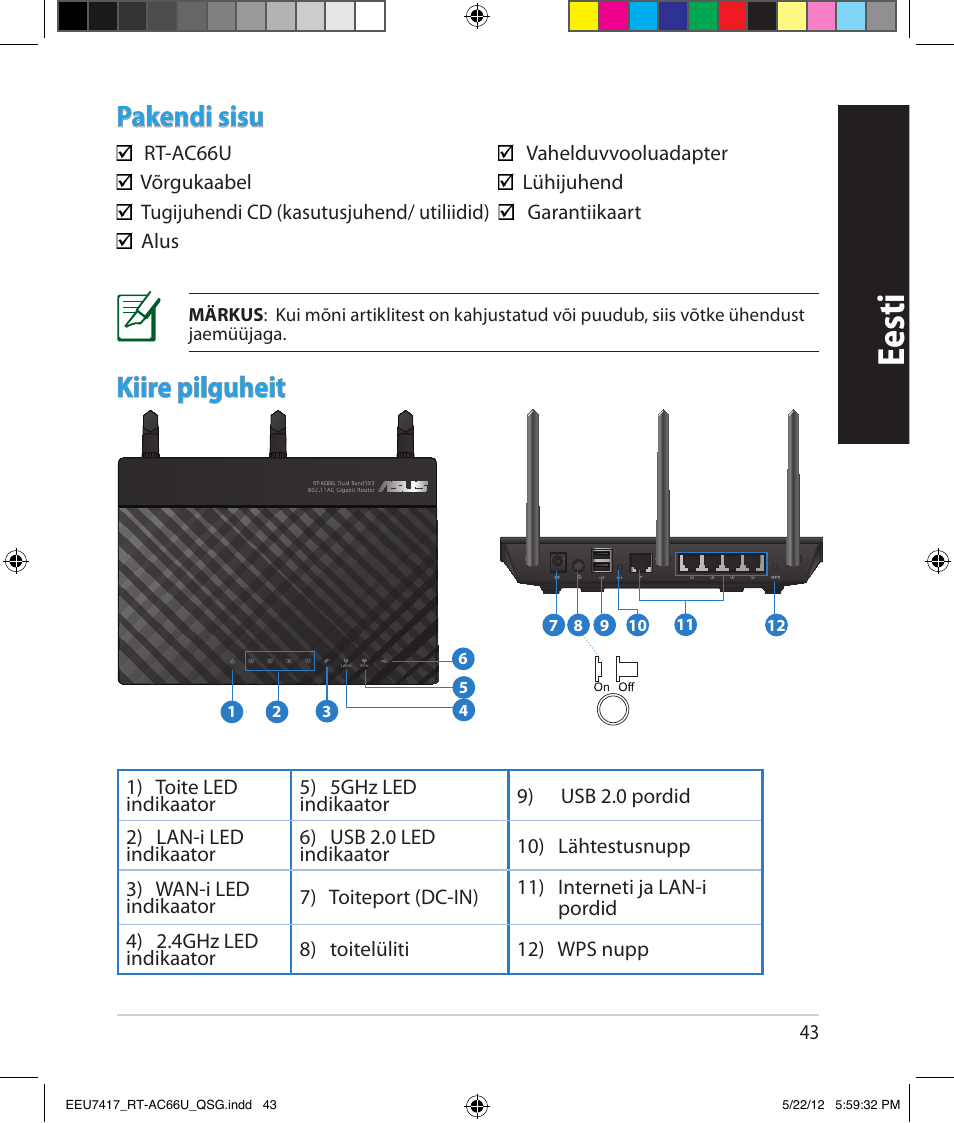 Eesti, Pakendi sisu, Kiire pilguheit | Asus RT-AC66U User Manual | Page 43 / 194