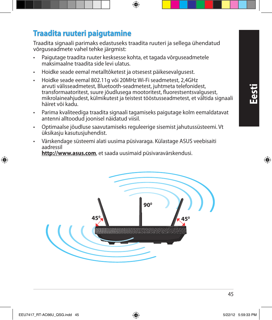 Eesti, Traadita ruuteri paigutamine | Asus RT-AC66U User Manual | Page 45 / 194