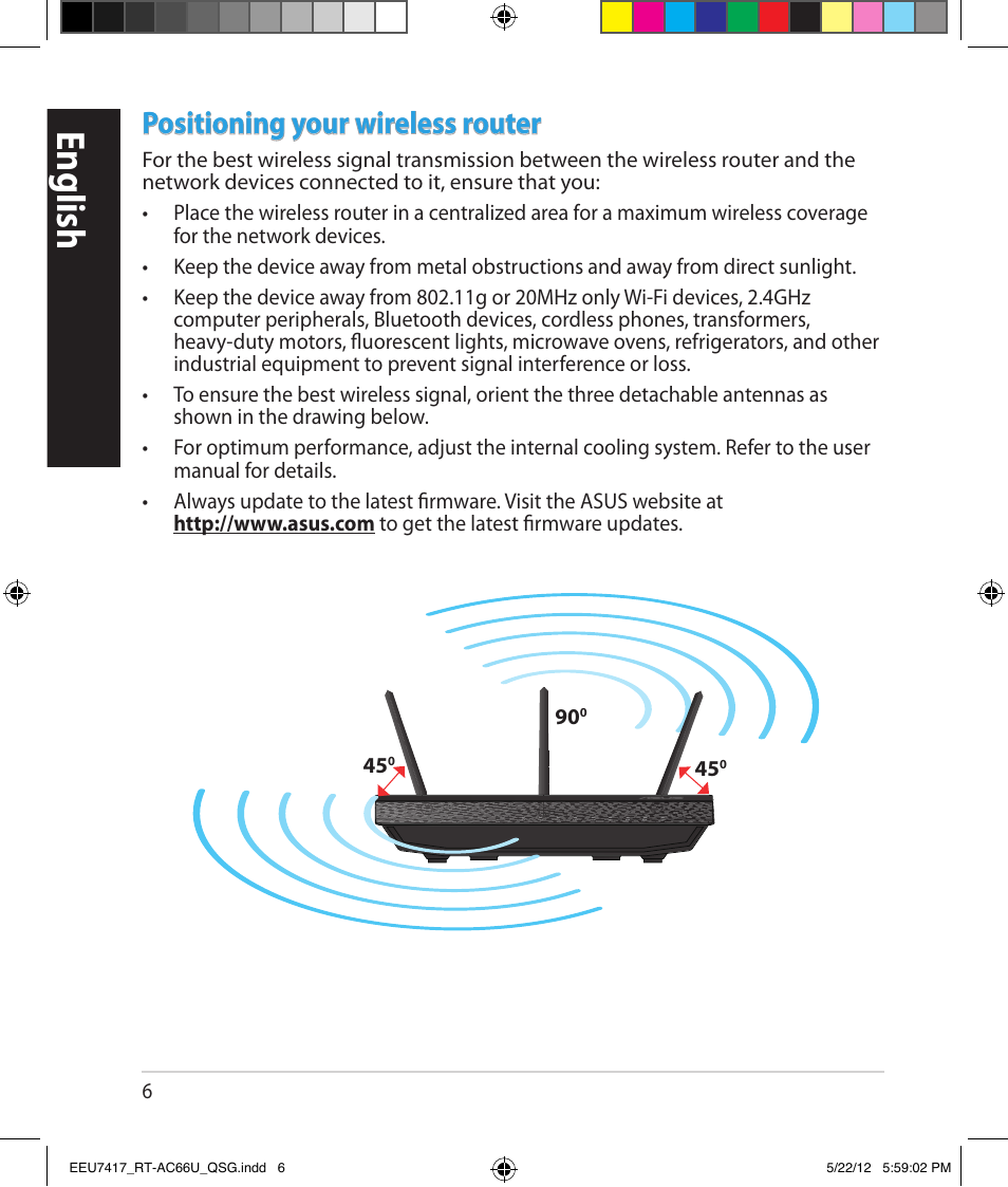 English, Positioning your wireless router | Asus RT-AC66U User Manual | Page 6 / 194