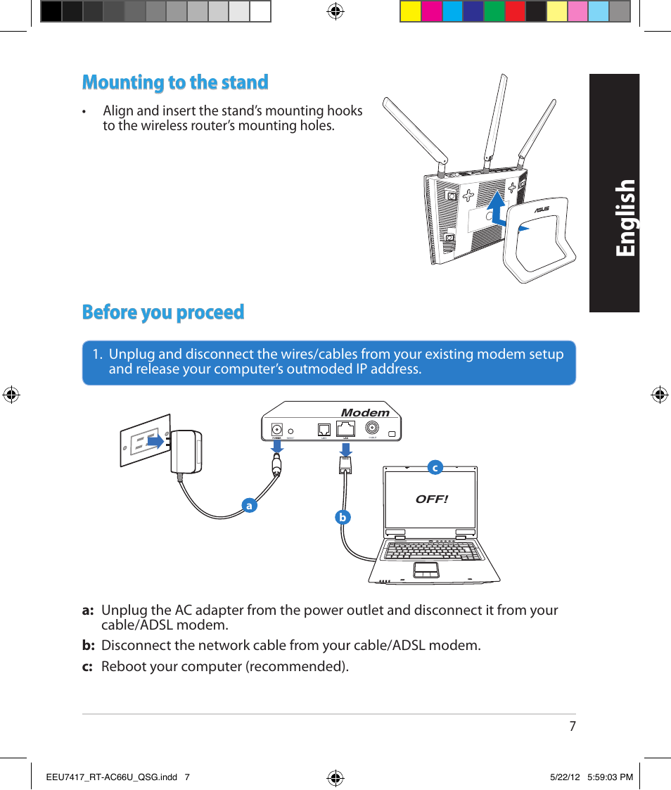 English, Mounting to the stand, Before you proceed | Asus RT-AC66U User Manual | Page 7 / 194