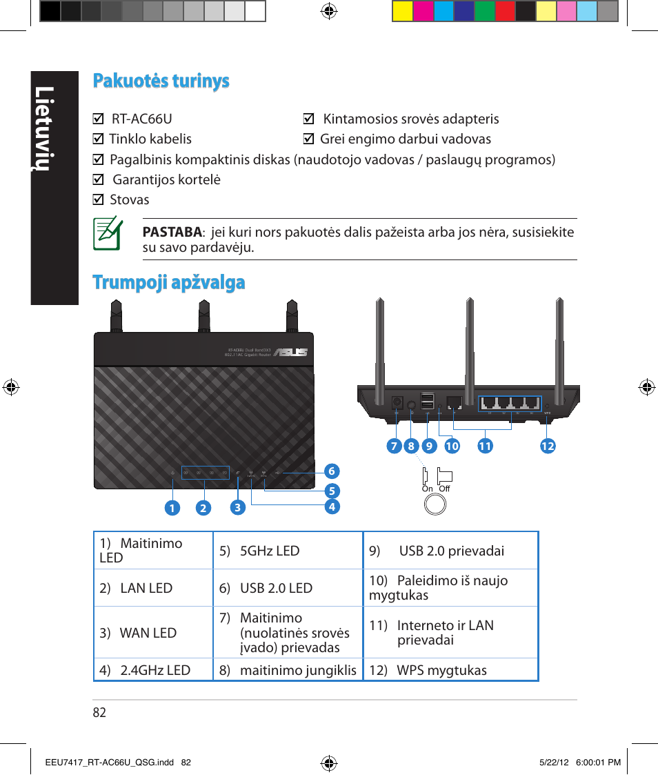 Lietuvių, Pakuotės turinys, Trumpoji apžvalga | Asus RT-AC66U User Manual | Page 82 / 194