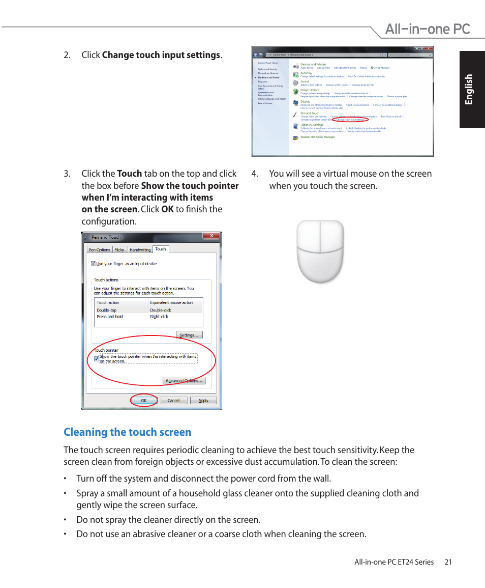 Cleaning the touch screen | Asus ET2400XVT User Manual | Page 21 / 46