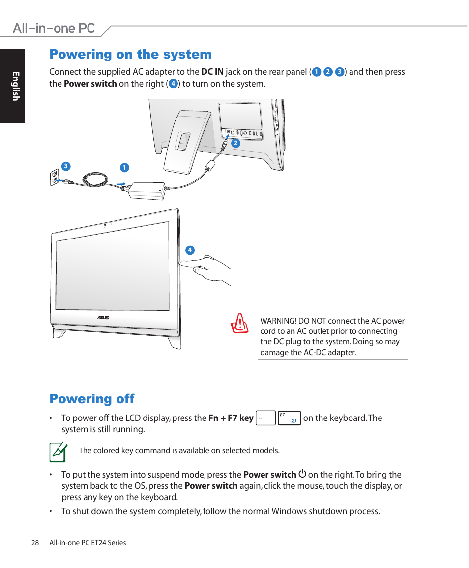 Powering on the system, Powering off | Asus ET2400XVT User Manual | Page 28 / 46