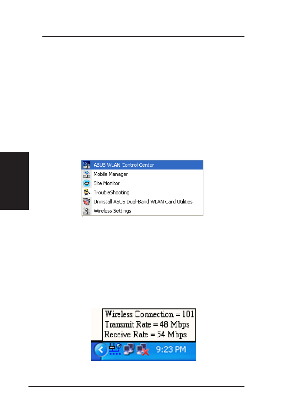 1 control center (utility), Chapter 3 - wireless lan reference | Asus B and W PCI CARD User Manual | Page 23 / 111