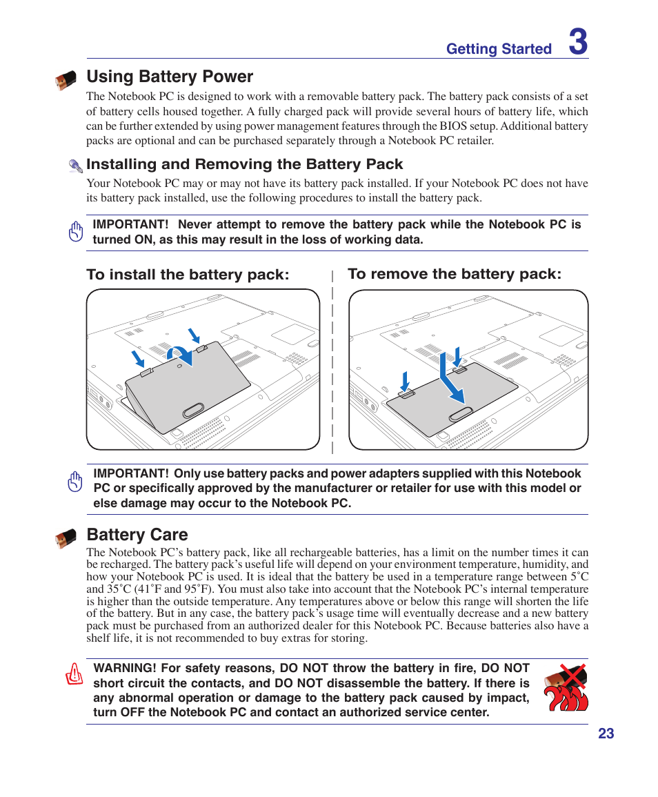 Using battery power, Battery care | Asus X51R User Manual | Page 23 / 83