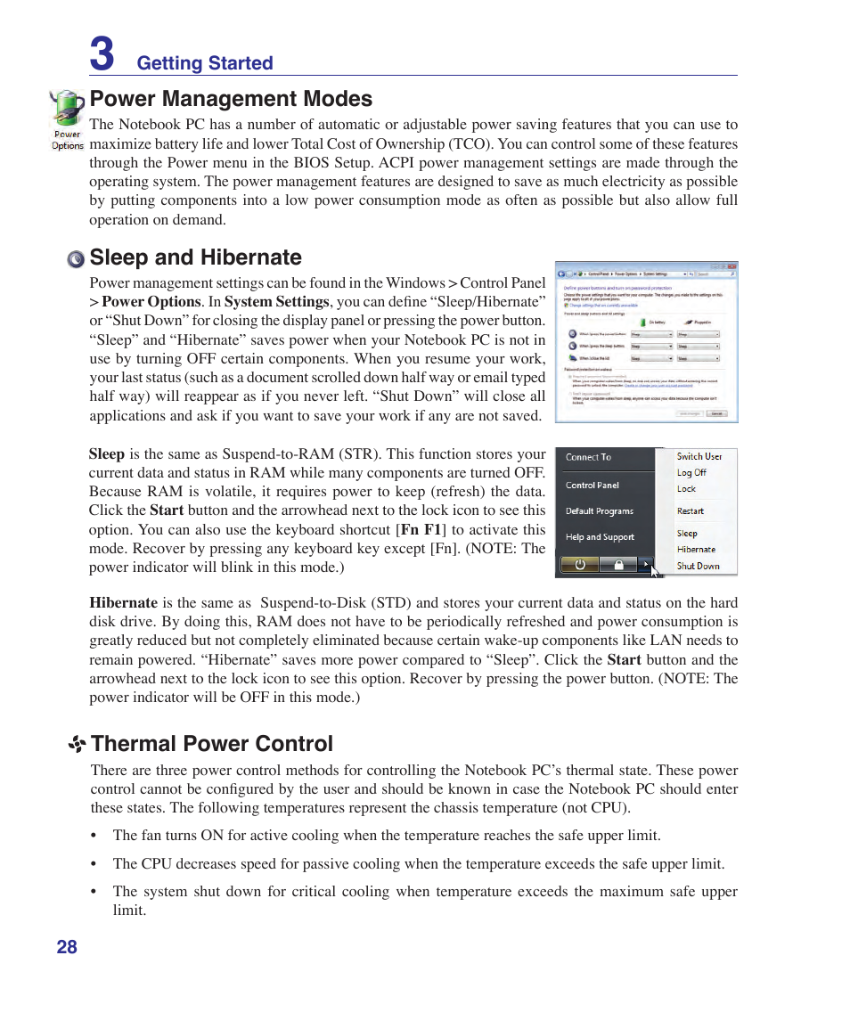 Power management modes, Sleep and hibernate, Thermal power control | Asus X51R User Manual | Page 28 / 83