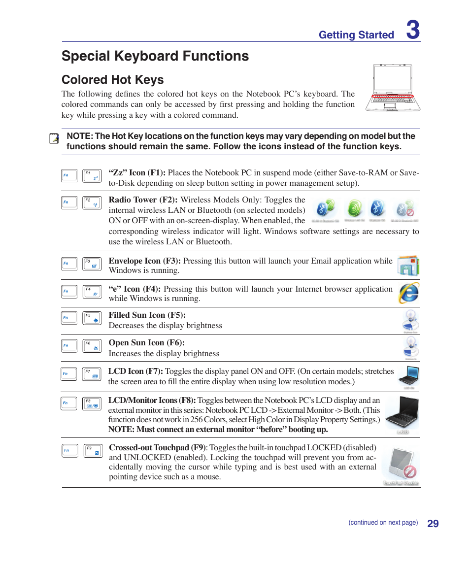 Special keyboard functions, Colored hot keys | Asus X51R User Manual | Page 29 / 83