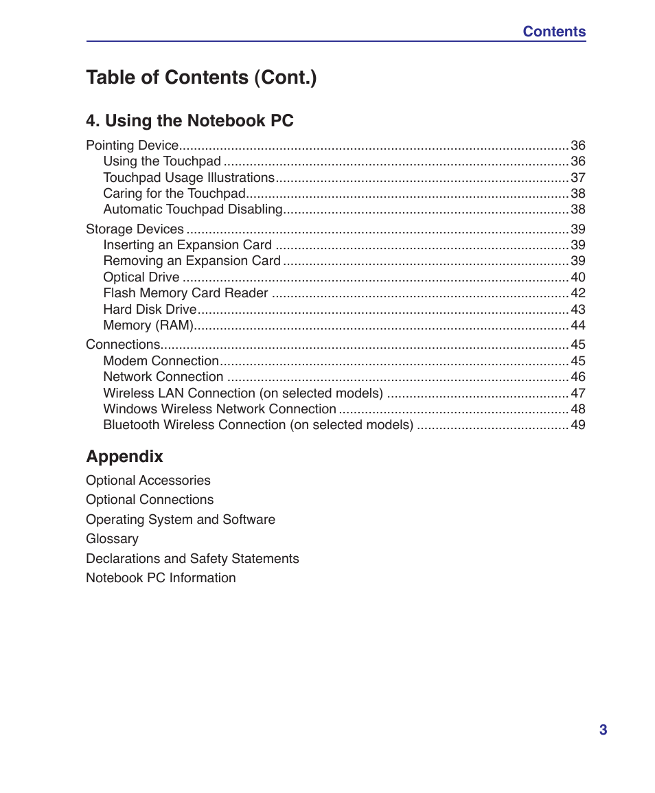 Table of contents (cont.), Appendix | Asus X51R User Manual | Page 3 / 83