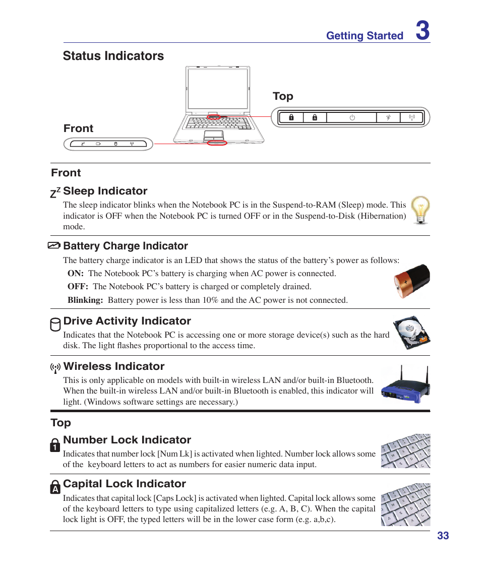 Status indicators | Asus X51R User Manual | Page 33 / 83