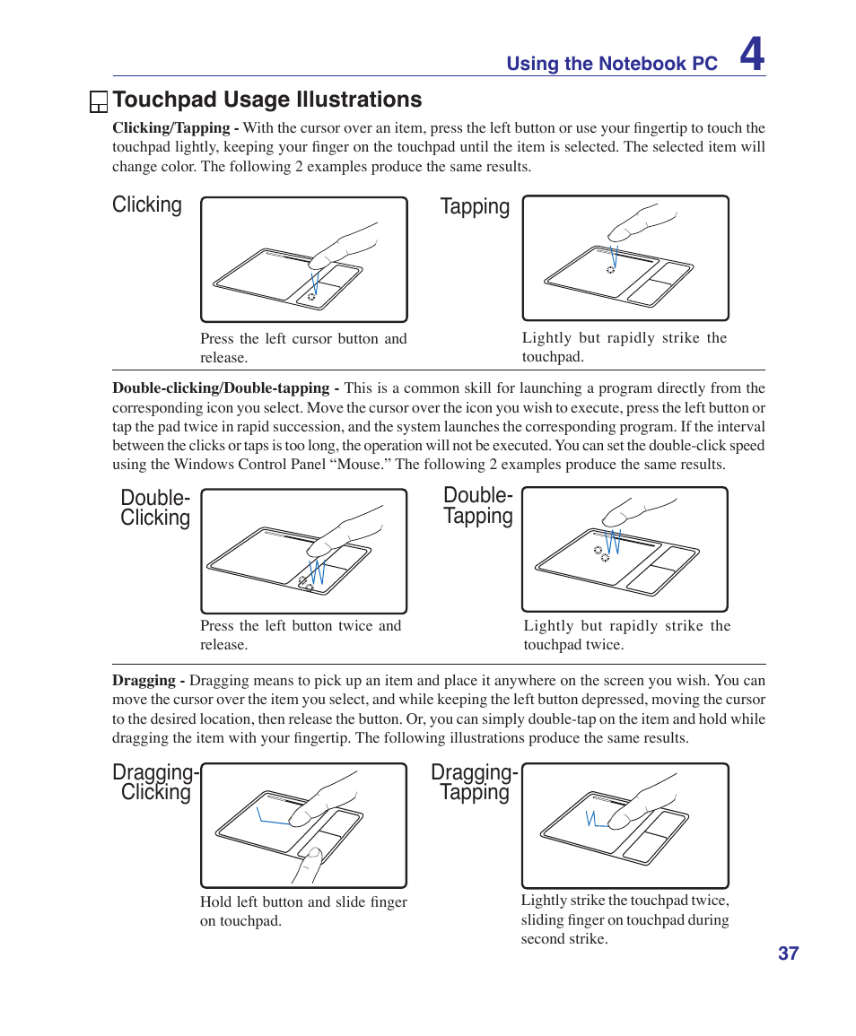 Touchpad usage illustrations, Dragging- clicking dragging- tapping | Asus X51R User Manual | Page 37 / 83