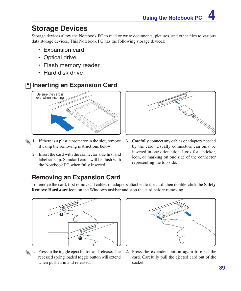 Storage devices, Inserting an expansion card, Removing an expansion card | Asus X51R User Manual | Page 39 / 83