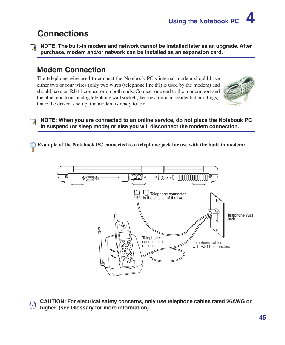 Connections, Modem connection | Asus X51R User Manual | Page 45 / 83