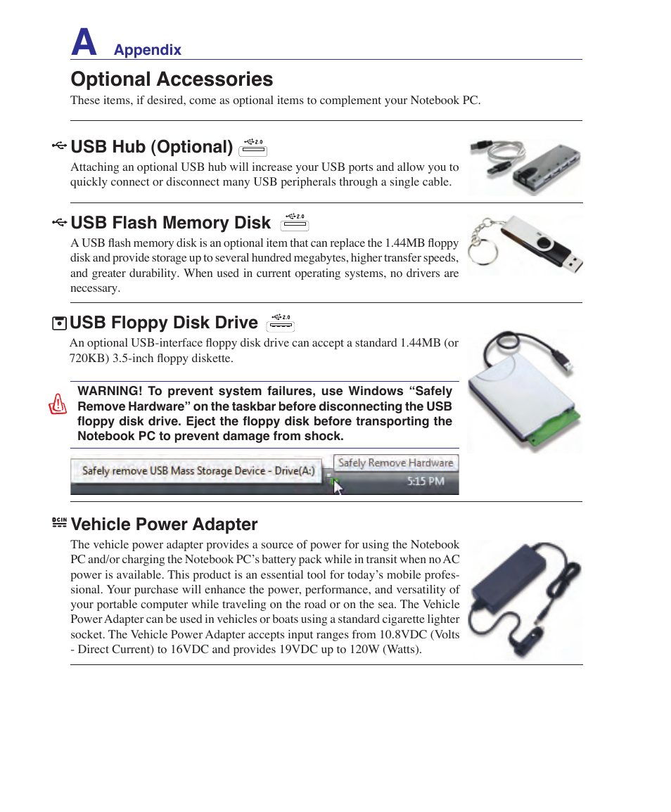 Optional accessories, Usb hub (optional), Vehicle power adapter | Usb floppy disk drive | Asus X51R User Manual | Page 52 / 83