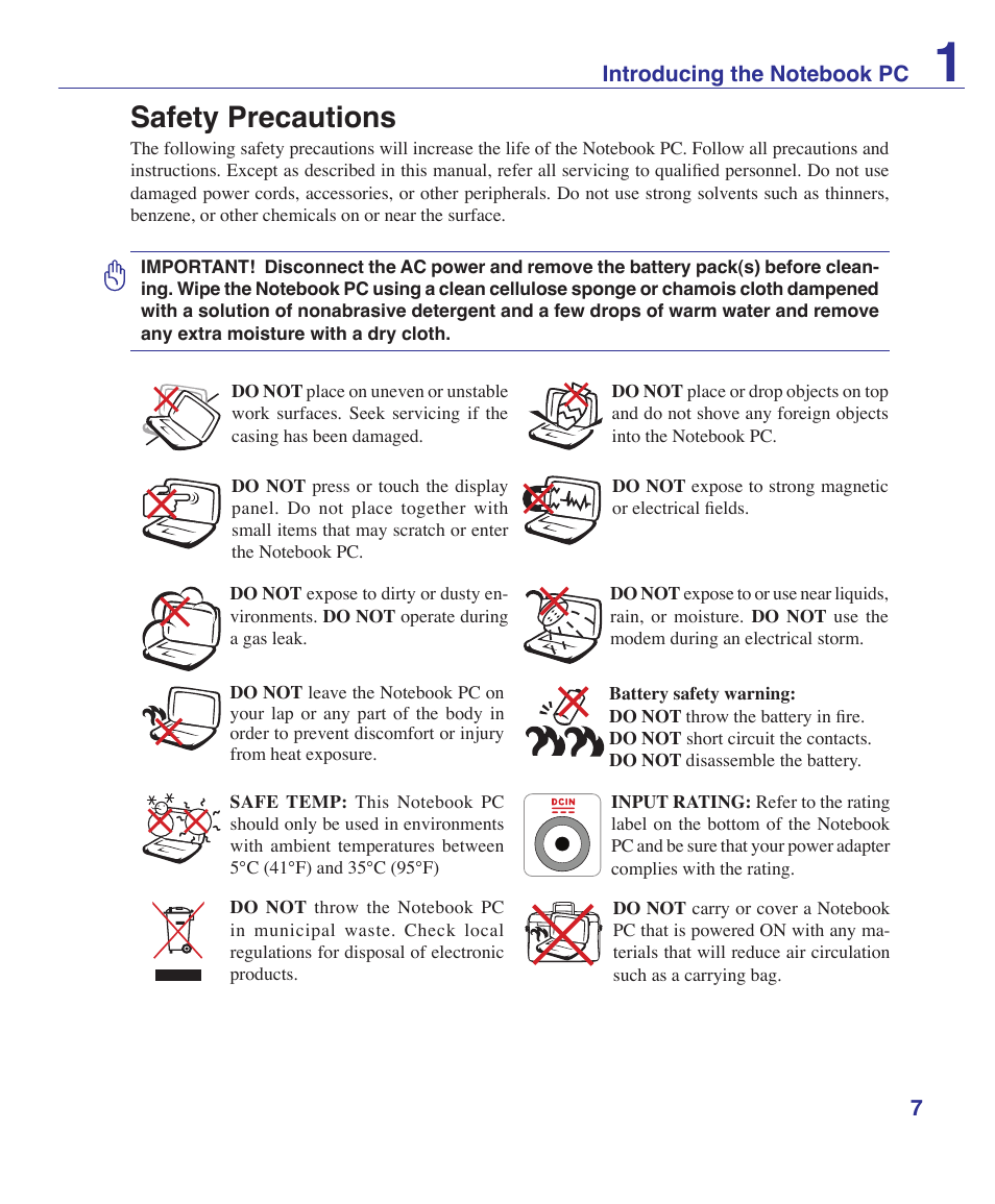 Safety precautions | Asus X51R User Manual | Page 7 / 83