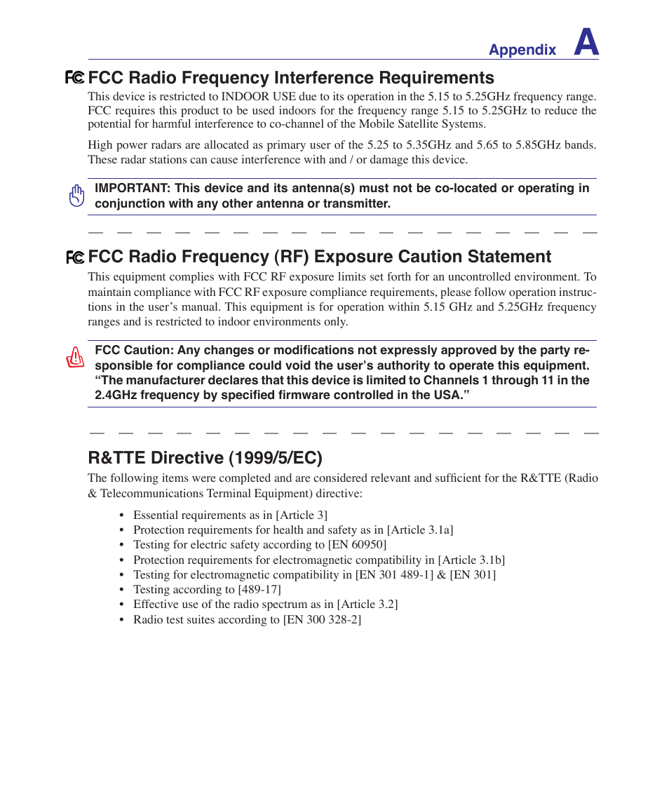 R&tte directive (1//ec), Fcc radio frequency interference requirements | Asus X51R User Manual | Page 75 / 83