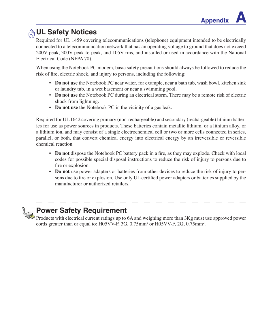 Ul safety notices, Power safety requirement | Asus X51R User Manual | Page 77 / 83