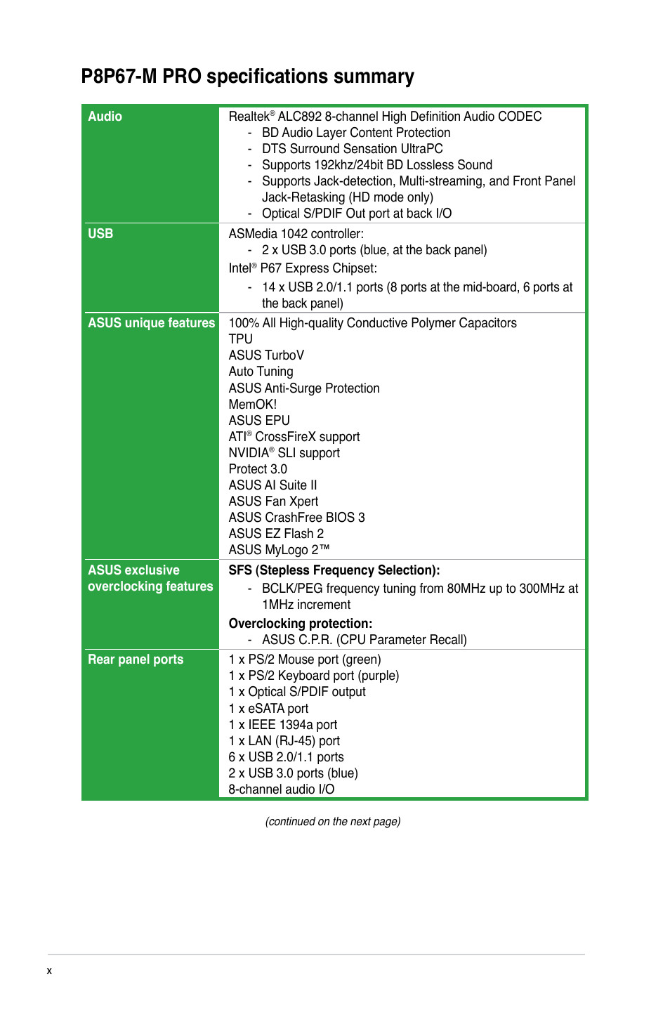 P8p67-m pro specifications summary | Asus P8P67-M PRO User Manual | Page 10 / 82