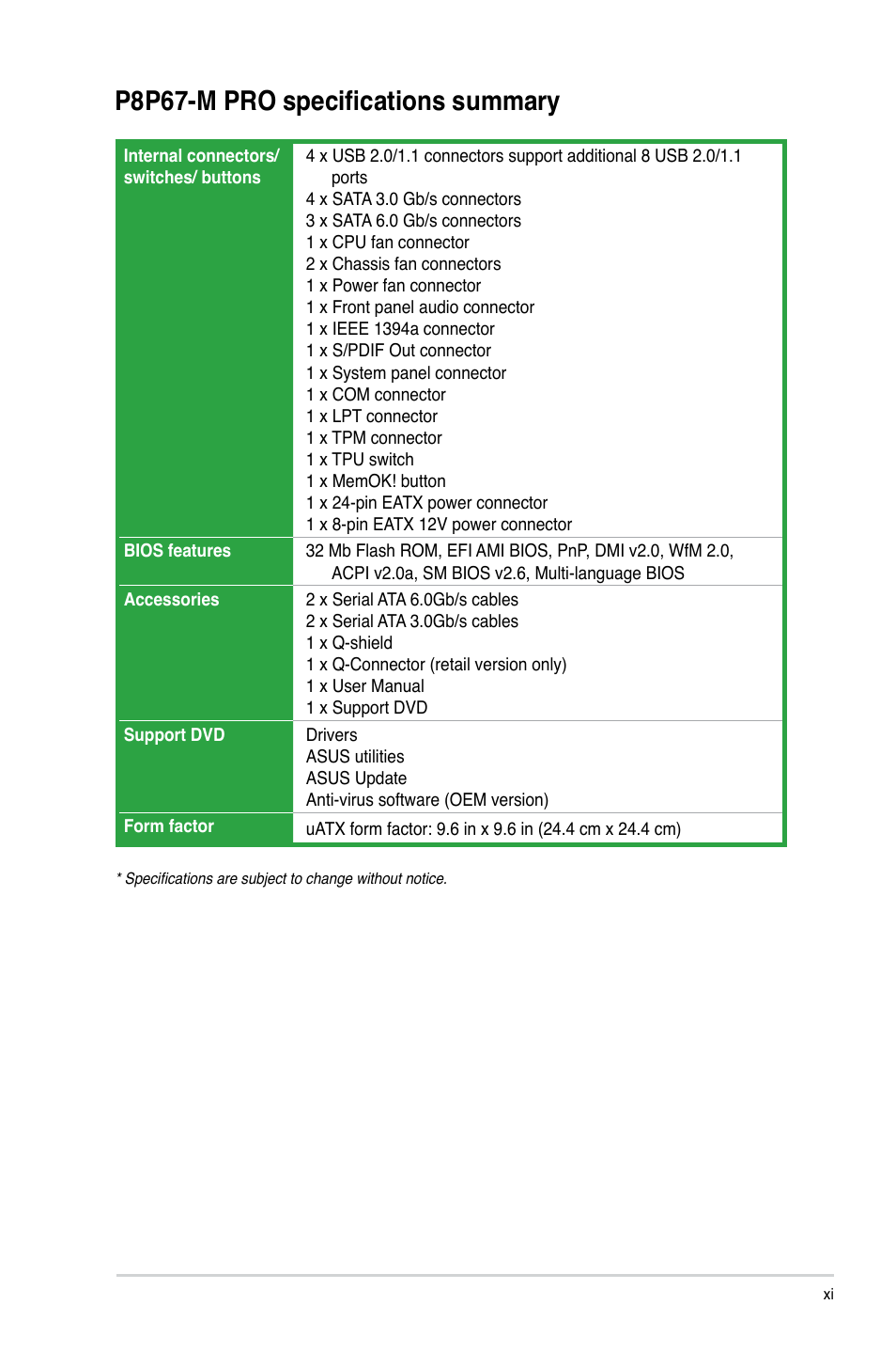 P8p67-m pro specifications summary | Asus P8P67-M PRO User Manual | Page 11 / 82