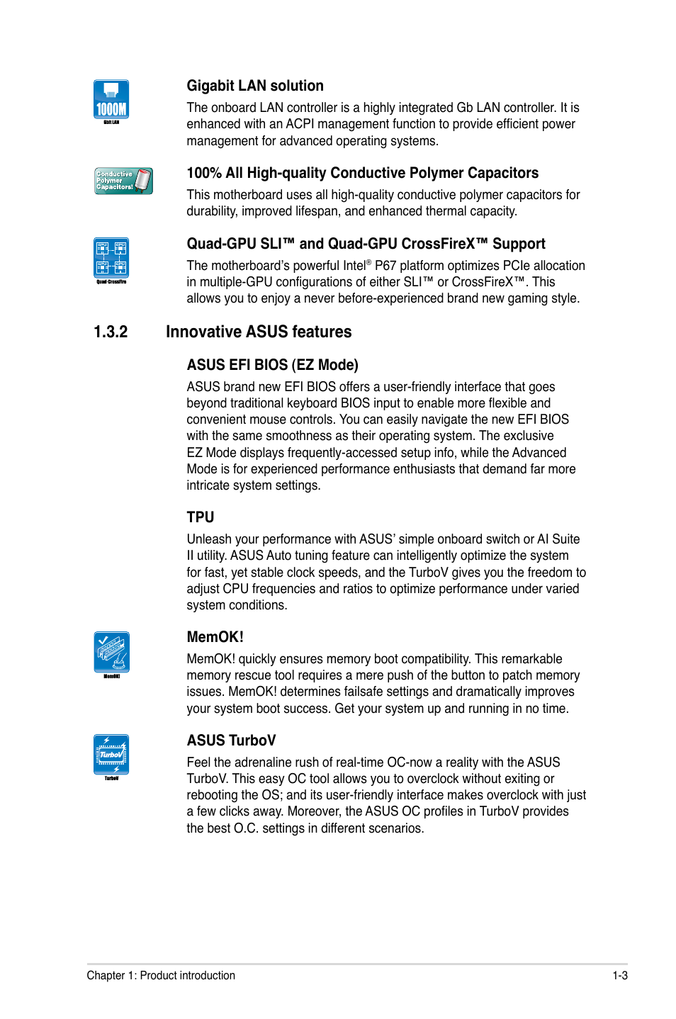 2 innovative asus features, Innovative asus features -3 | Asus P8P67-M PRO User Manual | Page 15 / 82