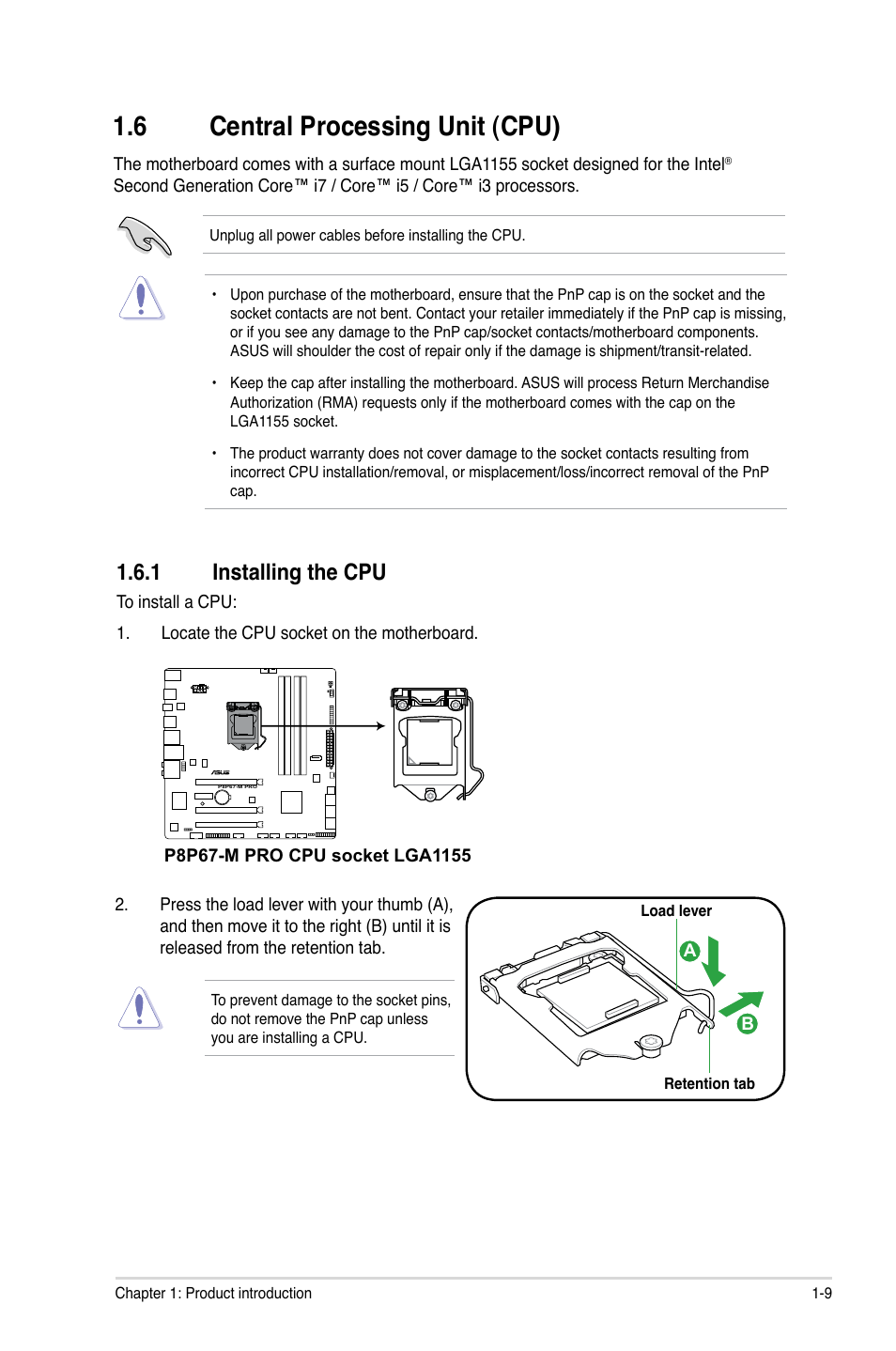 6 central processing unit (cpu), 1 installing the cpu, Central processing unit (cpu) -9 1.6.1 | Installing the cpu -9 | Asus P8P67-M PRO User Manual | Page 21 / 82