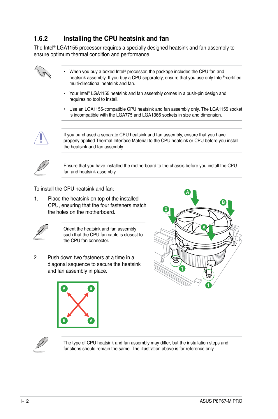 2 installing the cpu heatsink and fan, Installing the cpu heatsink and fan -12 | Asus P8P67-M PRO User Manual | Page 24 / 82