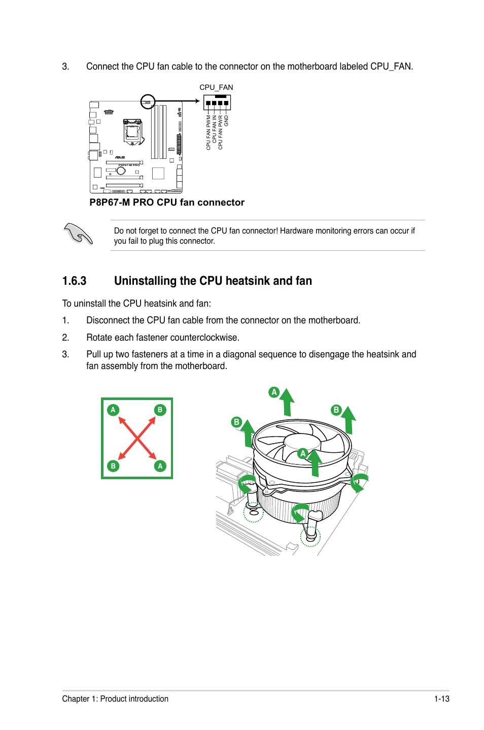 3 uninstalling the cpu heatsink and fan, Uninstalling the cpu heatsink and fan -13, P8p67-m pro cpu fan connector | Asus P8P67-M PRO User Manual | Page 25 / 82