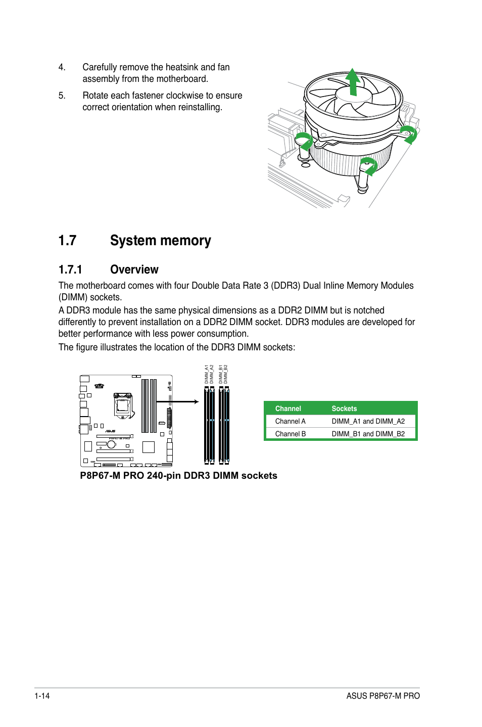 7 system memory, 1 overview, System memory -14 1.7.1 | Overview -14 | Asus P8P67-M PRO User Manual | Page 26 / 82