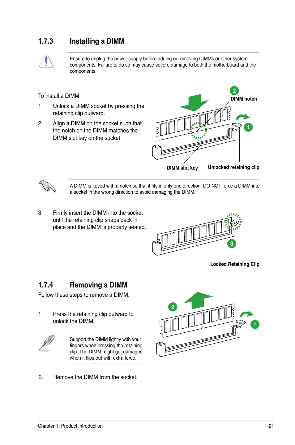3 installing a dimm, 4 removing a dimm, Installing a dimm -21 | Removing a dimm -21 | Asus P8P67-M PRO User Manual | Page 33 / 82