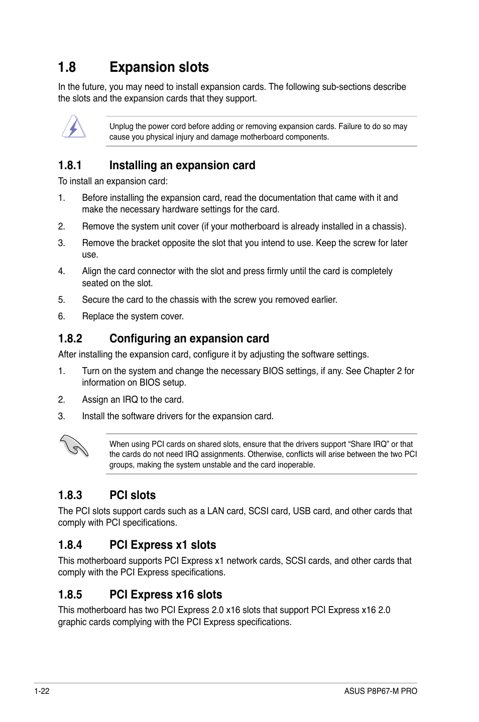 8 expansion slots, 1 installing an expansion card, 2 configuring an expansion card | 3 pci slots, 4 pci express x1 slots, 5 pci express x16 slots, Expansion slots -22 1.8.1, Installing an expansion card -22, Configuring an expansion card -22, Pci slots -22 | Asus P8P67-M PRO User Manual | Page 34 / 82