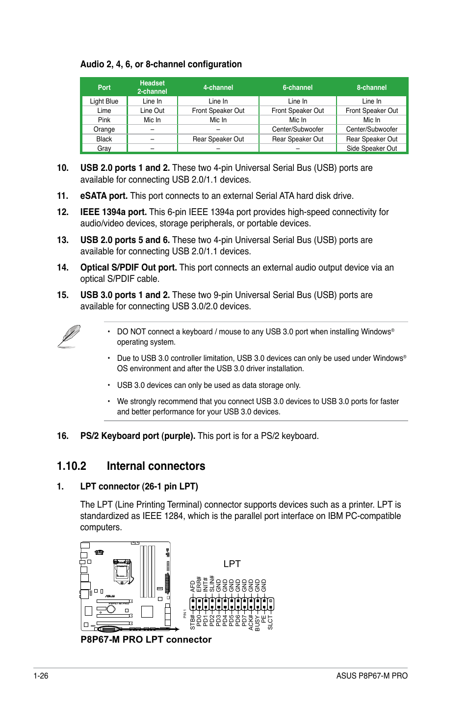 2 internal connectors, 2 internal connectors -26, P8p67-m pro lpt connector | Asus P8P67-M PRO User Manual | Page 38 / 82