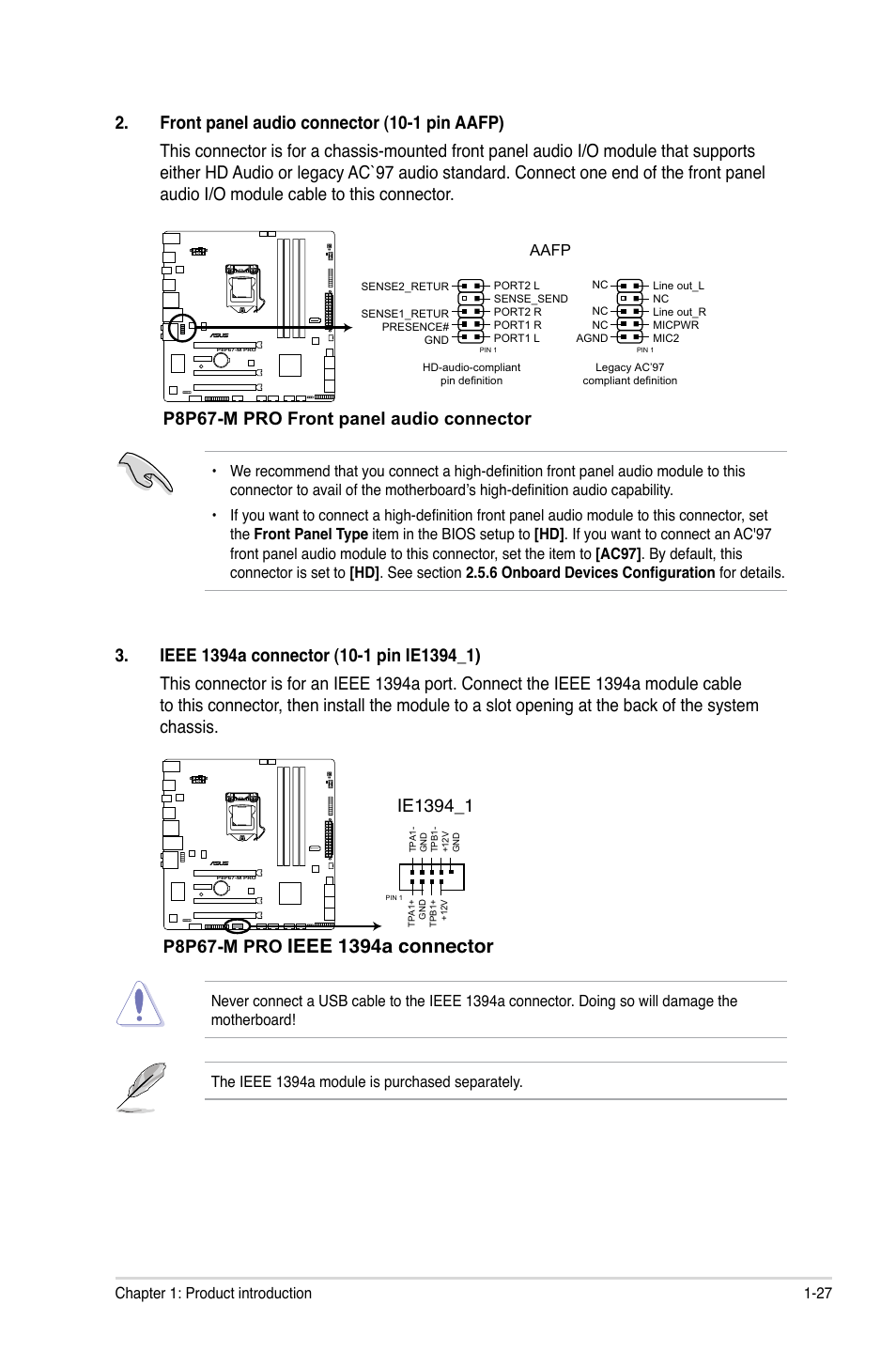 Ieee 1394a connector, P8p67-m pro, P8p67-m pro front panel audio connector | Asus P8P67-M PRO User Manual | Page 39 / 82