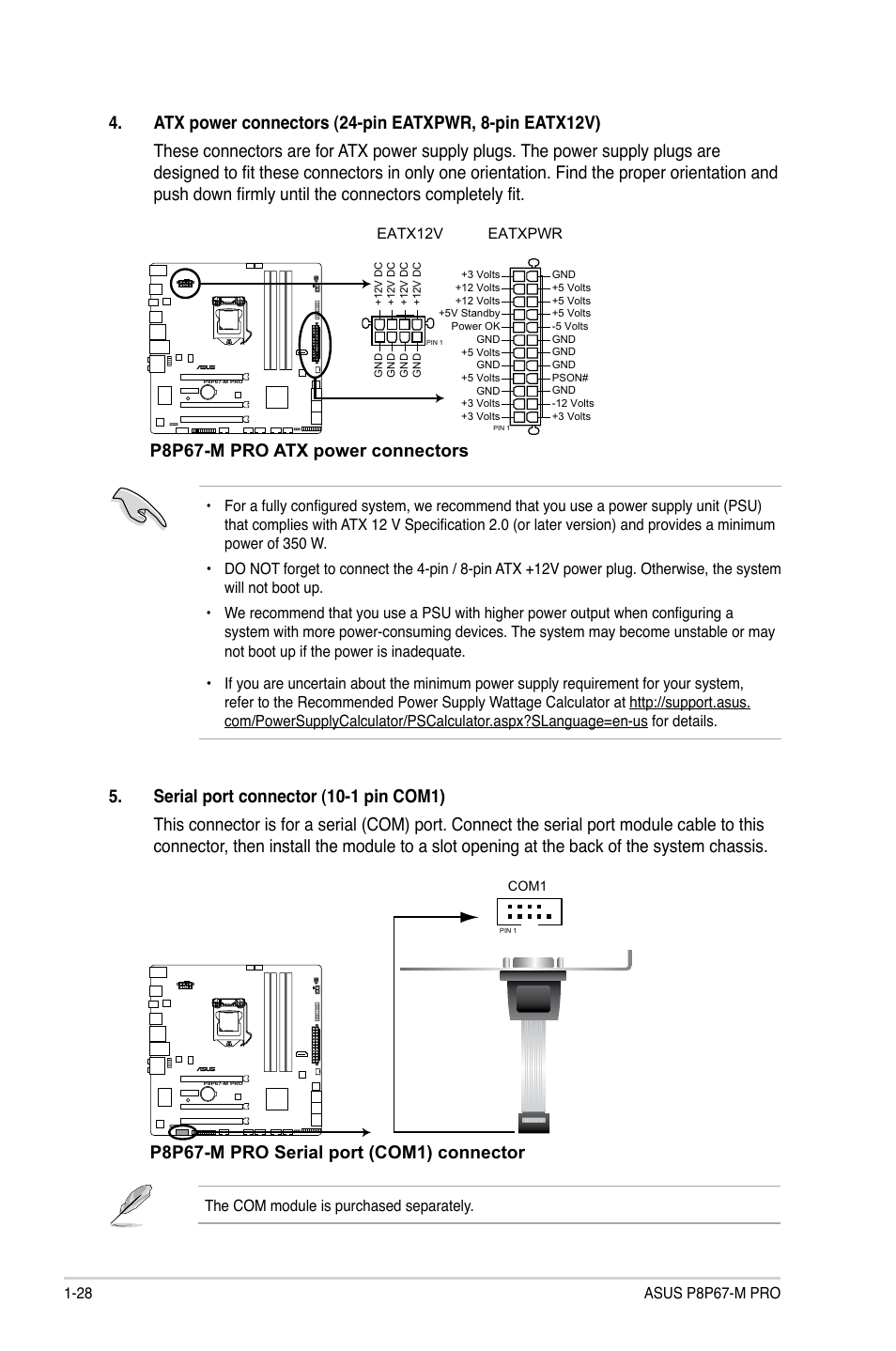 P8p67-m pro atx power connectors, P8p67-m pro serial port (com1) connector | Asus P8P67-M PRO User Manual | Page 40 / 82