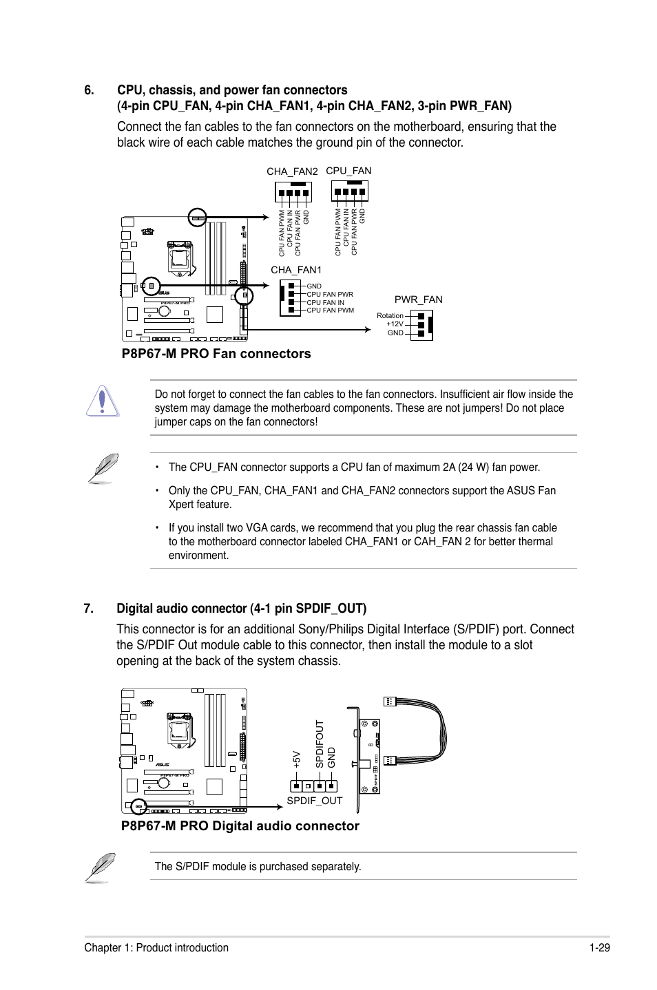 P8p67-m pro fan connectors, P8p67-m pro digital audio connector | Asus P8P67-M PRO User Manual | Page 41 / 82