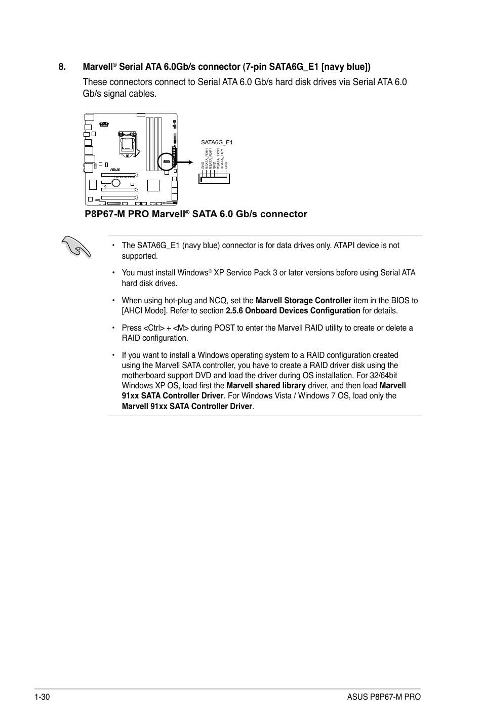 Marvell, P8p67-m pro marvell, Sata 6.0 gb/s connector | Asus P8P67-M PRO User Manual | Page 42 / 82