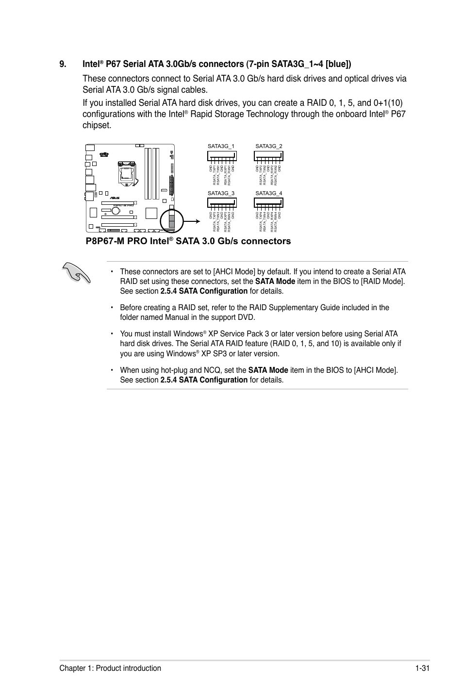 Intel, Rapid storage technology through the onboard intel, P67 chipset | P8p67-m pro intel, Sata 3.0 gb/s connectors, 31 chapter 1: product introduction | Asus P8P67-M PRO User Manual | Page 43 / 82