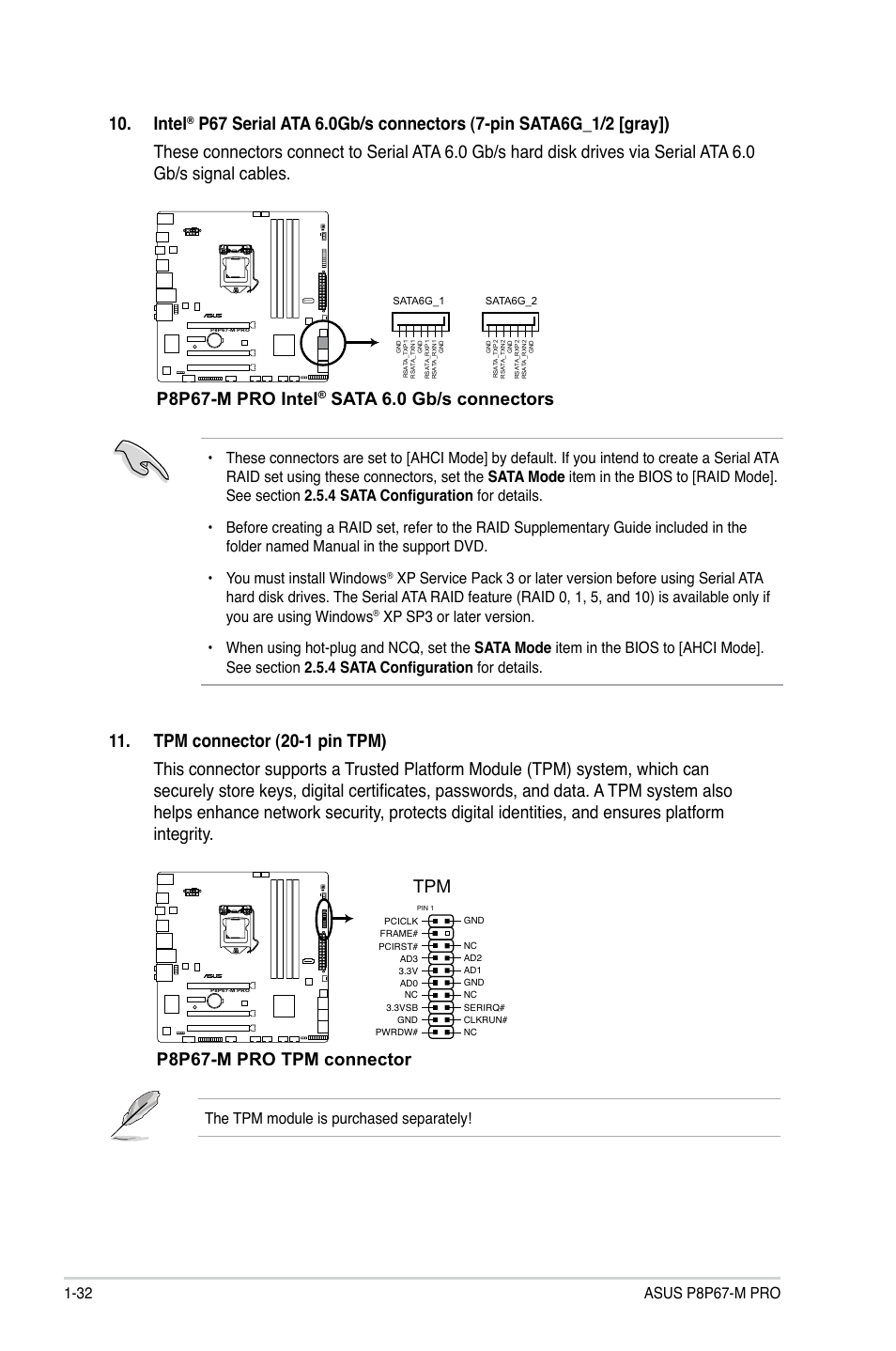 P8p67-m pro tpm connector, Intel, P8p67-m pro intel | Sata 6.0 gb/s connectors, The tpm module is purchased separately | Asus P8P67-M PRO User Manual | Page 44 / 82