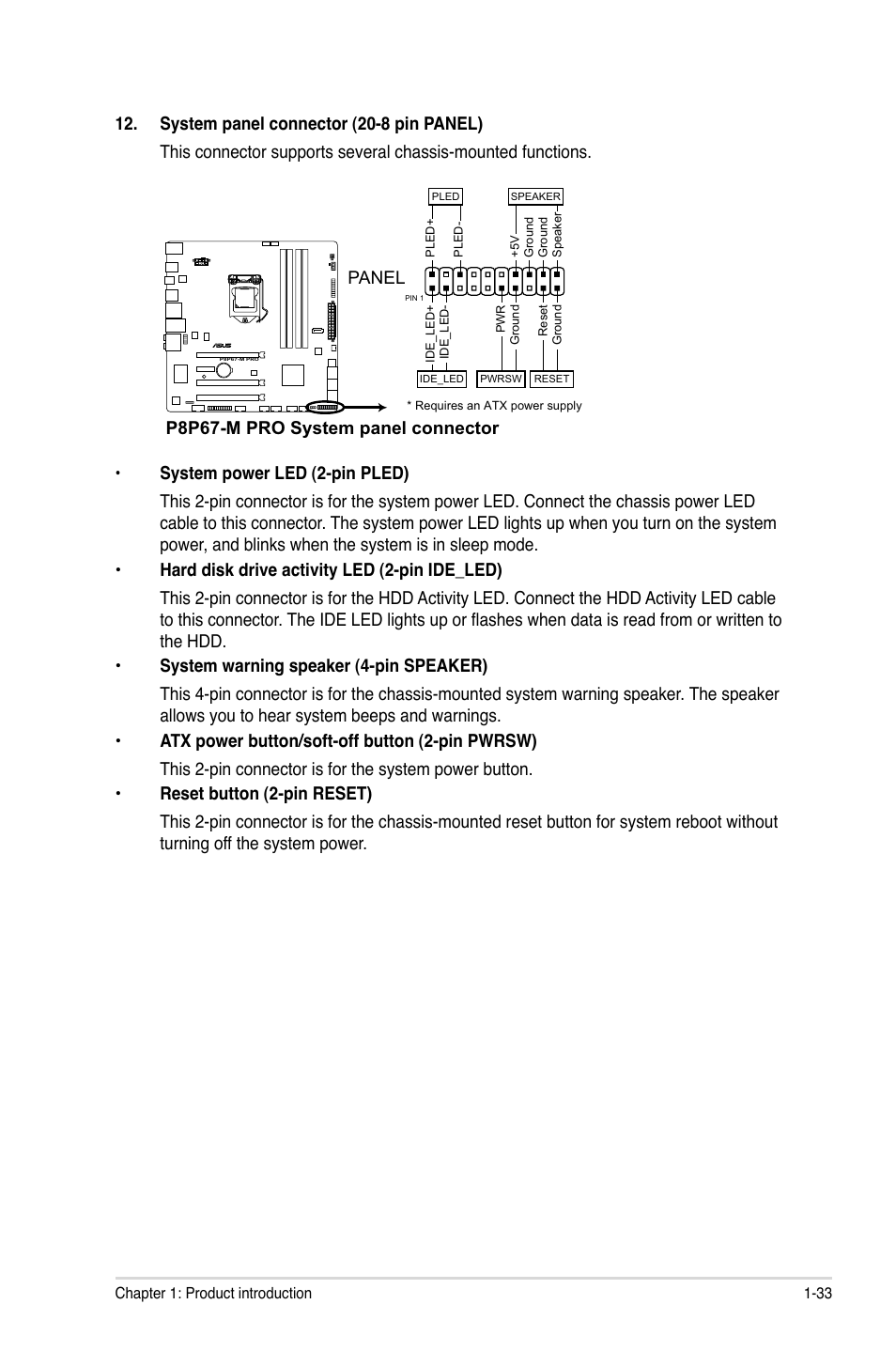 P8p67-m pro system panel connector, Panel | Asus P8P67-M PRO User Manual | Page 45 / 82