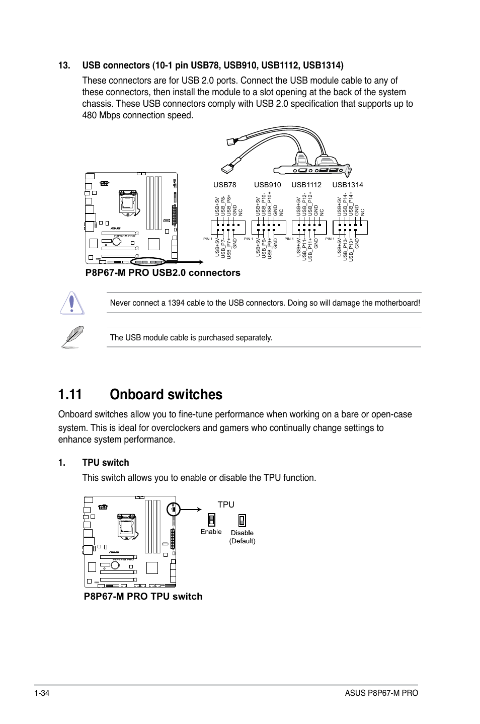 11 onboard switches, 11 onboard switches -34, P8p67-m pro tpu switch | Asus P8P67-M PRO User Manual | Page 46 / 82