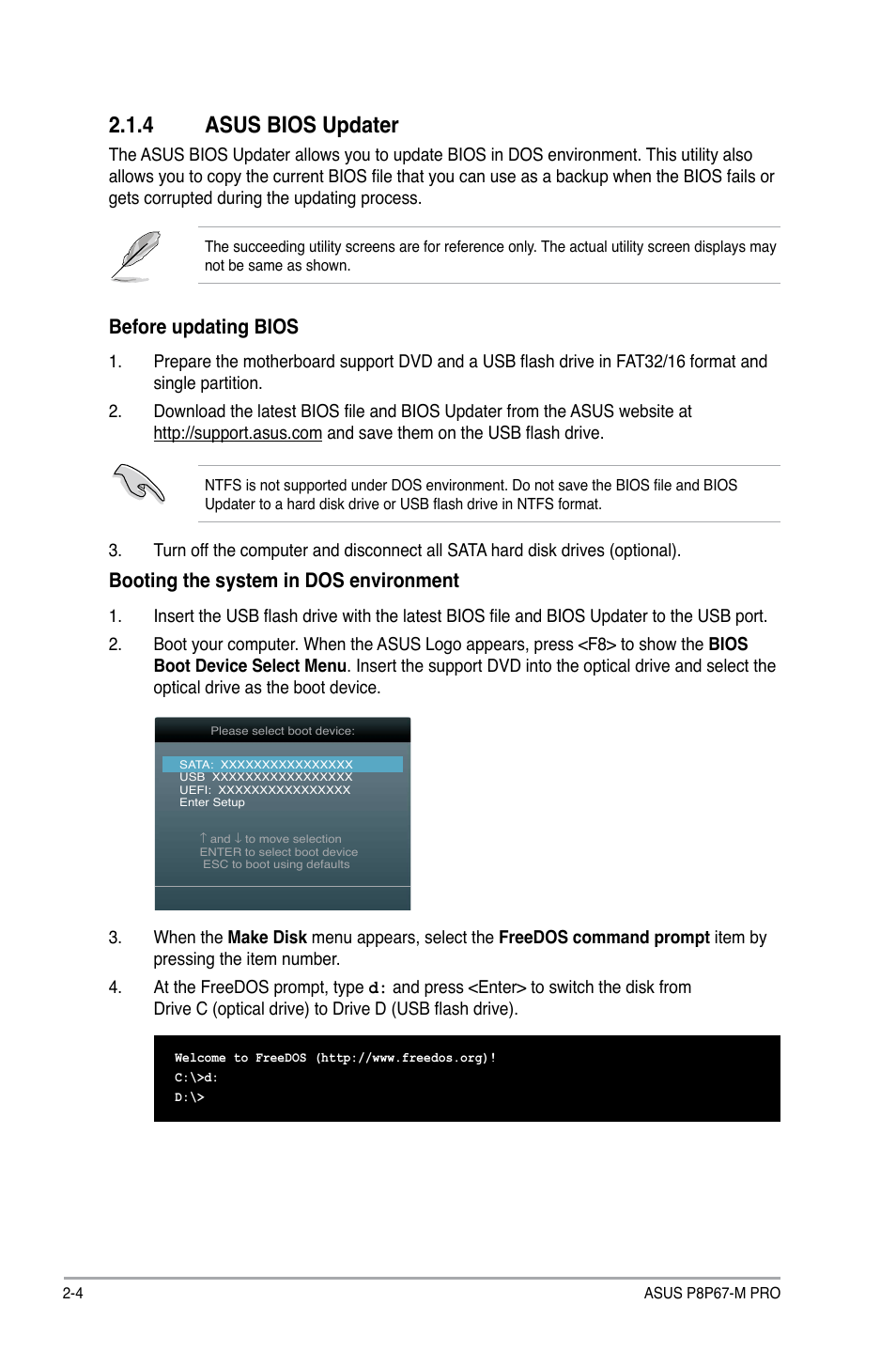 4 asus bios updater, Asus bios updater -4, Before updating bios | Booting the system in dos environment | Asus P8P67-M PRO User Manual | Page 54 / 82