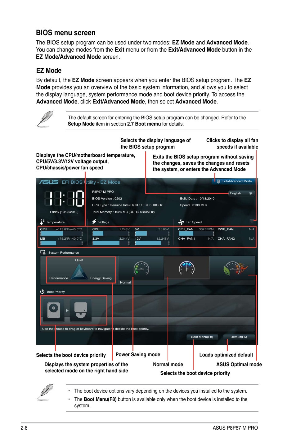Bios menu screen, Ez mode, 8 asus p8p67-m pro | Asus P8P67-M PRO User Manual | Page 58 / 82