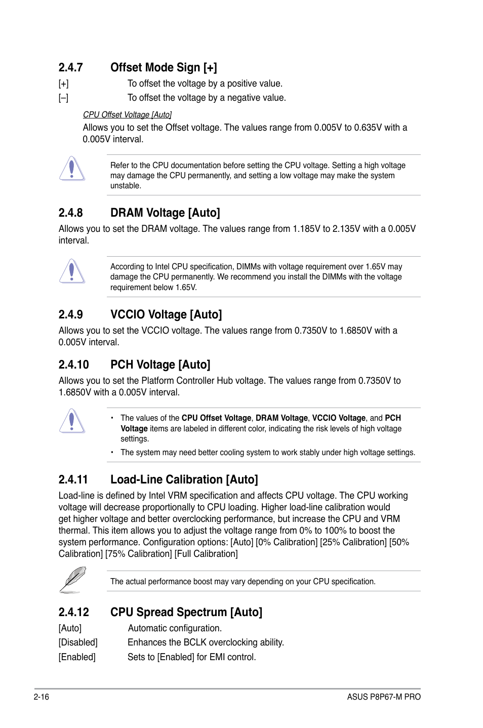 7 offset mode sign, 8 dram voltage, 9 vccio voltage | 10 pch voltage, 11 load-line calibration, 12 cpu spread spectrum, Offset mode sign -16, Dram voltage -16, Vccio voltage -16, 8 dram voltage [auto | Asus P8P67-M PRO User Manual | Page 66 / 82