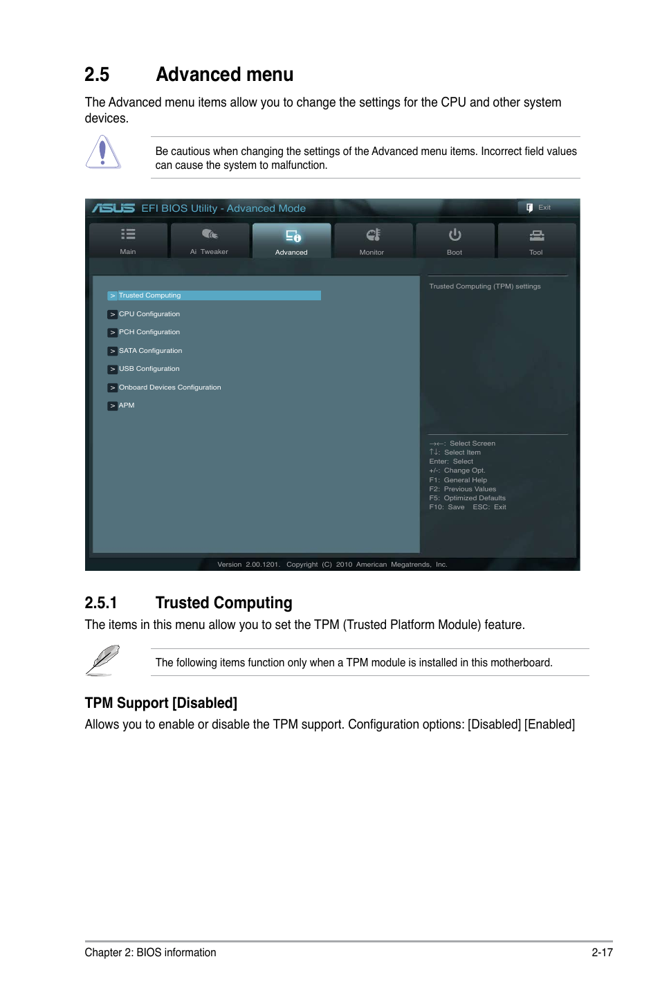 5 advanced menu, 1 trusted computing, Advanced menu -17 2.5.1 | Trusted computing -17, Tpm support [disabled | Asus P8P67-M PRO User Manual | Page 67 / 82