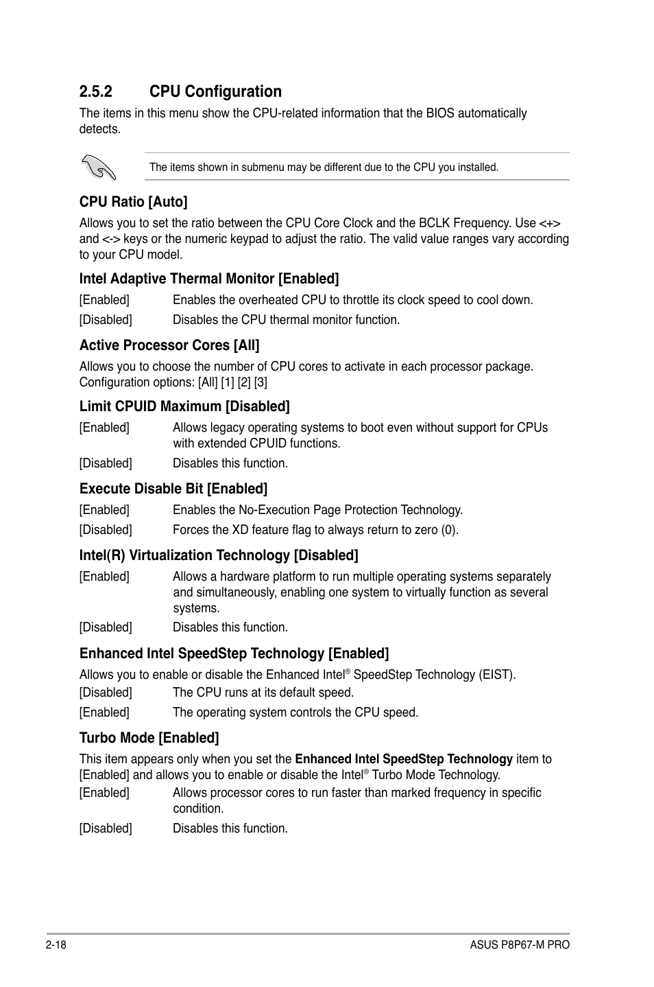 2 cpu configuration, Cpu configuration -18 | Asus P8P67-M PRO User Manual | Page 68 / 82