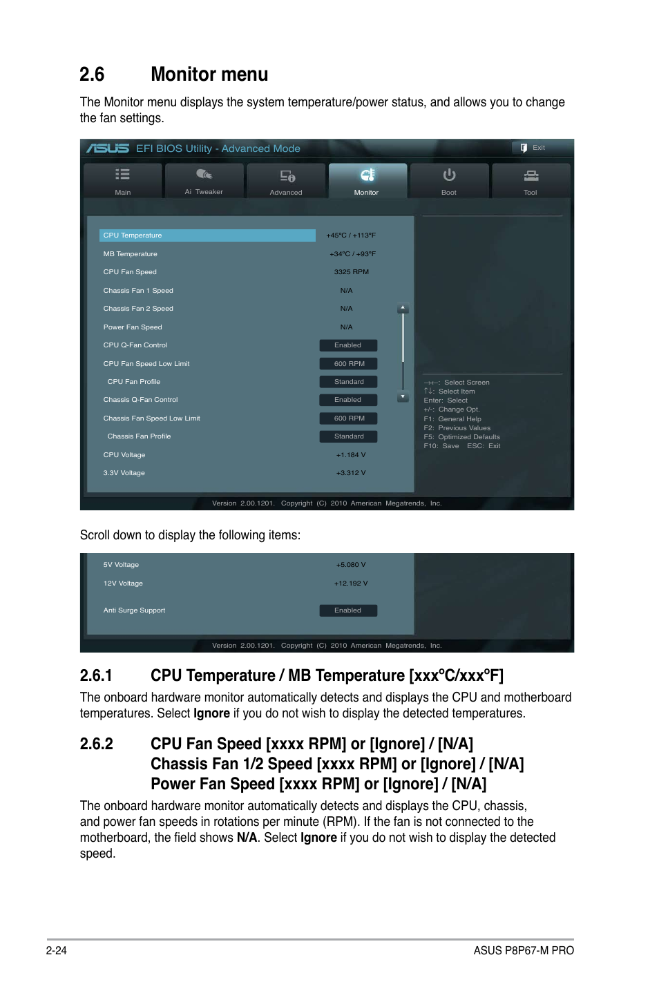 6 monitor menu, 1 cpu temperature / mb temperature [xxxºc/xxxºf, 2 cpu fan / chassis fan 1/2 / power fan speed | Monitor menu -24 2.6.1, Cpu temperature / mb temperature [xxxºc/xxxºf] -24, Cpu fan / chassis fan 1/2 / power fan speed -24 | Asus P8P67-M PRO User Manual | Page 74 / 82