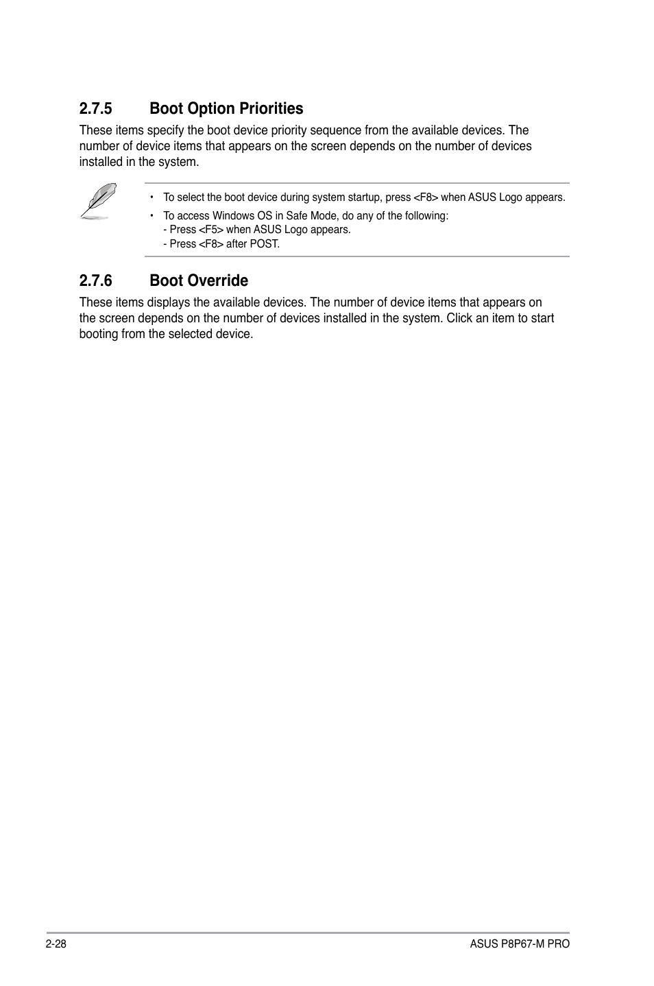 5 boot option priorities, 6 boot override, Boot option priorities -28 | Boot override -28 | Asus P8P67-M PRO User Manual | Page 78 / 82