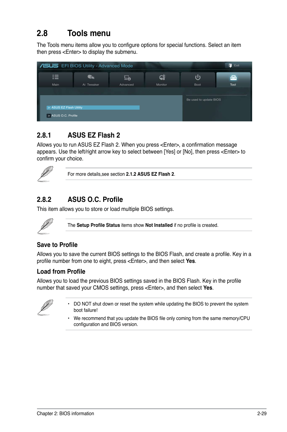8 tools menu, 1 asus ez flash 2, 2 asus o.c. profile | Tools menu -29 2.8.1, Asus ez flash 2 -29, Asus o.c. profile -29, Save to profile, Load from profile | Asus P8P67-M PRO User Manual | Page 79 / 82