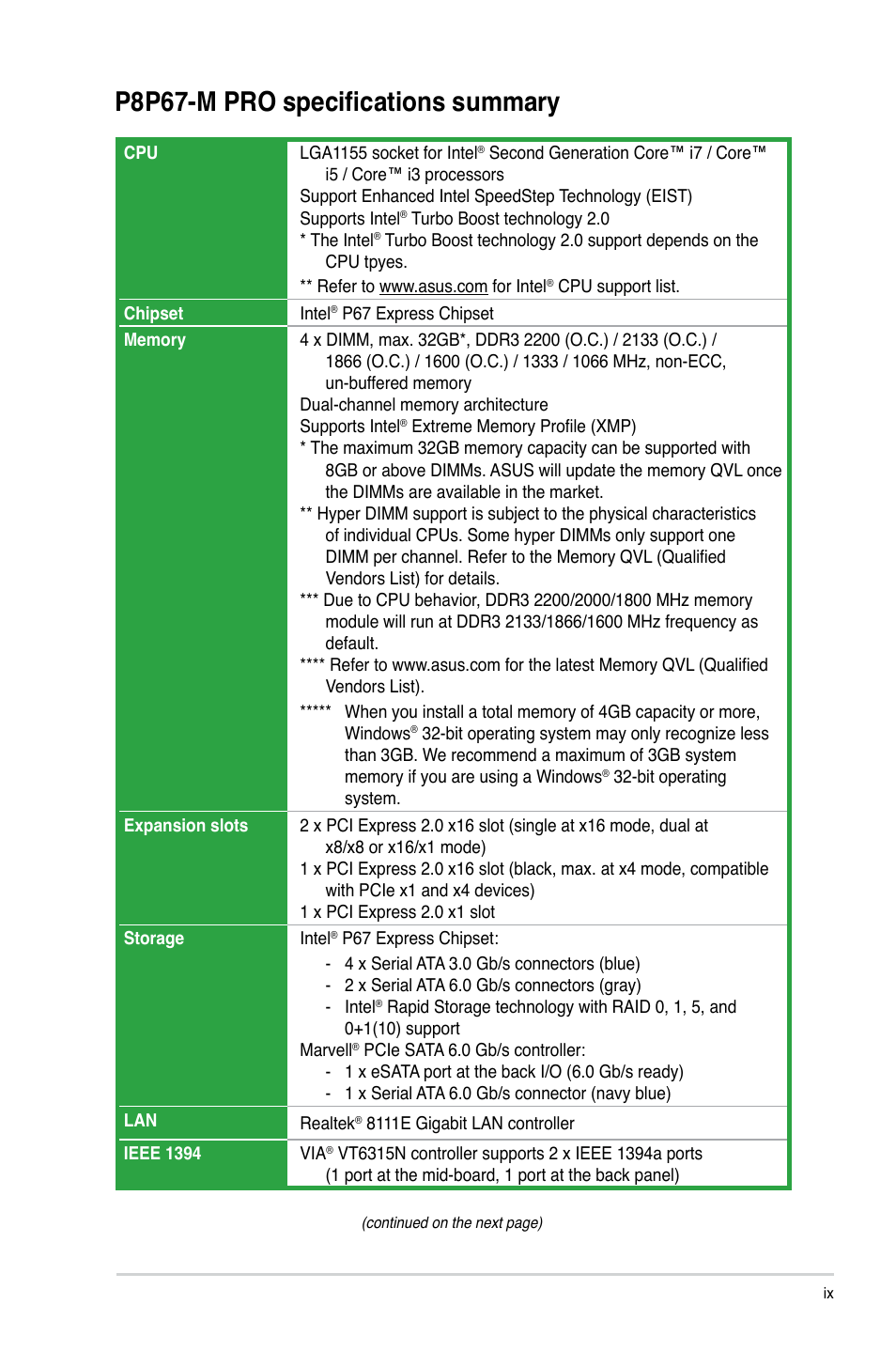 P8p67-m pro specifications summary | Asus P8P67-M PRO User Manual | Page 9 / 82